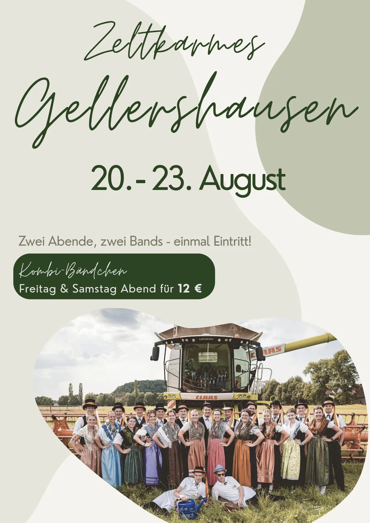 Offizielles Plakat der Zeltkarmes Gellershausen mit Kirmesgesellschaft vor einem Mähdrescher
